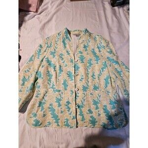 Pendleton Women's Front Button Floral Linen Blazer Blue Green Sz L Office